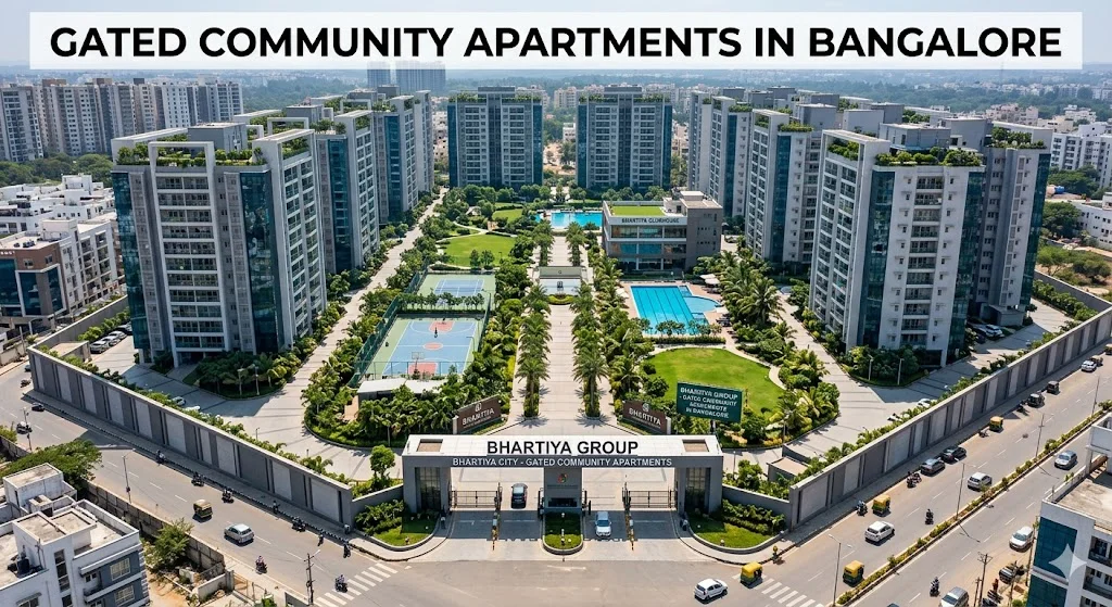 View of residential towers inside a modern gated community apartment project in Bangalore.